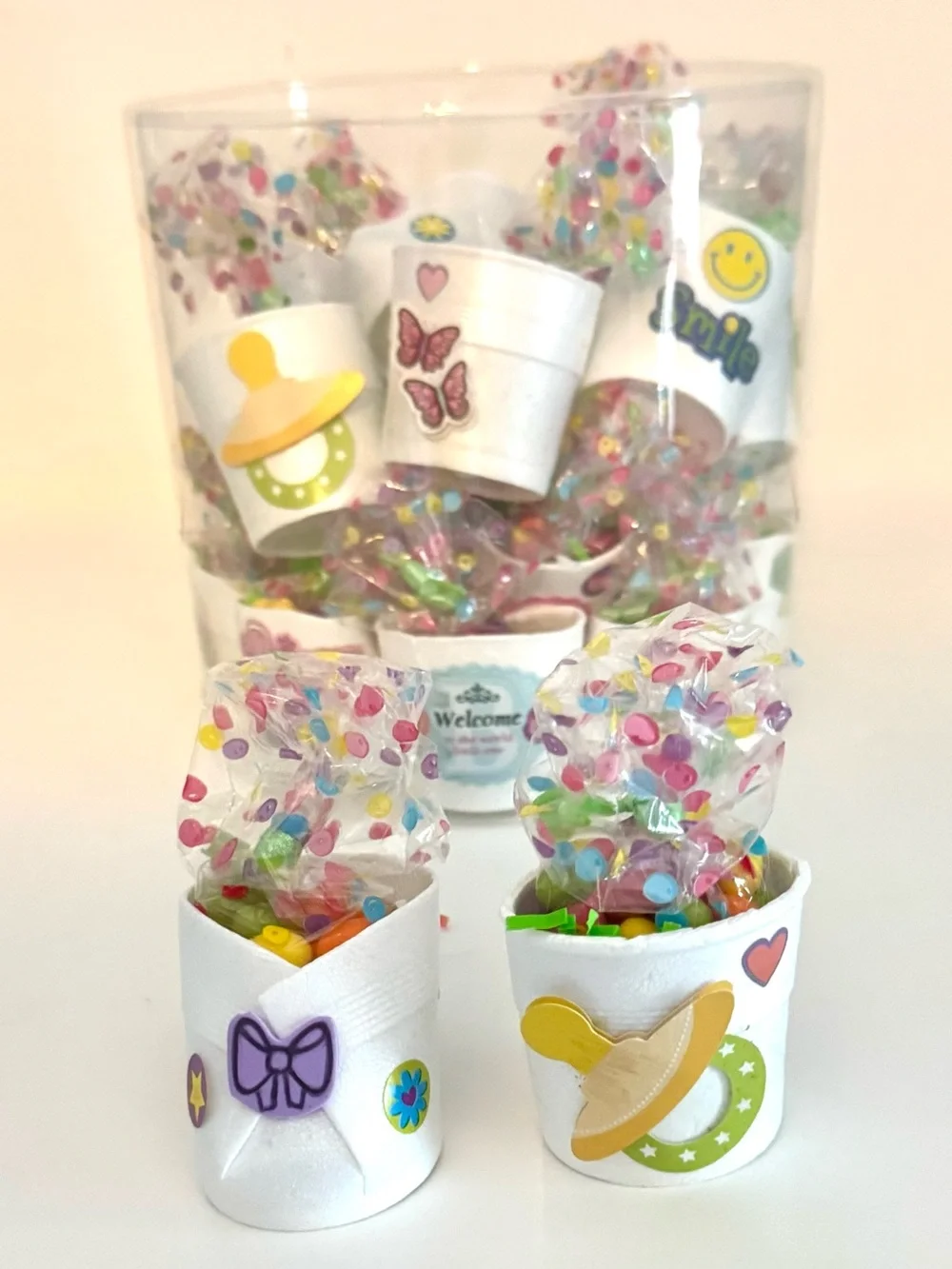 23 - Handmade Party Favor Styrofoam bootie Cups w/stickers & tic tac Chewy Candy